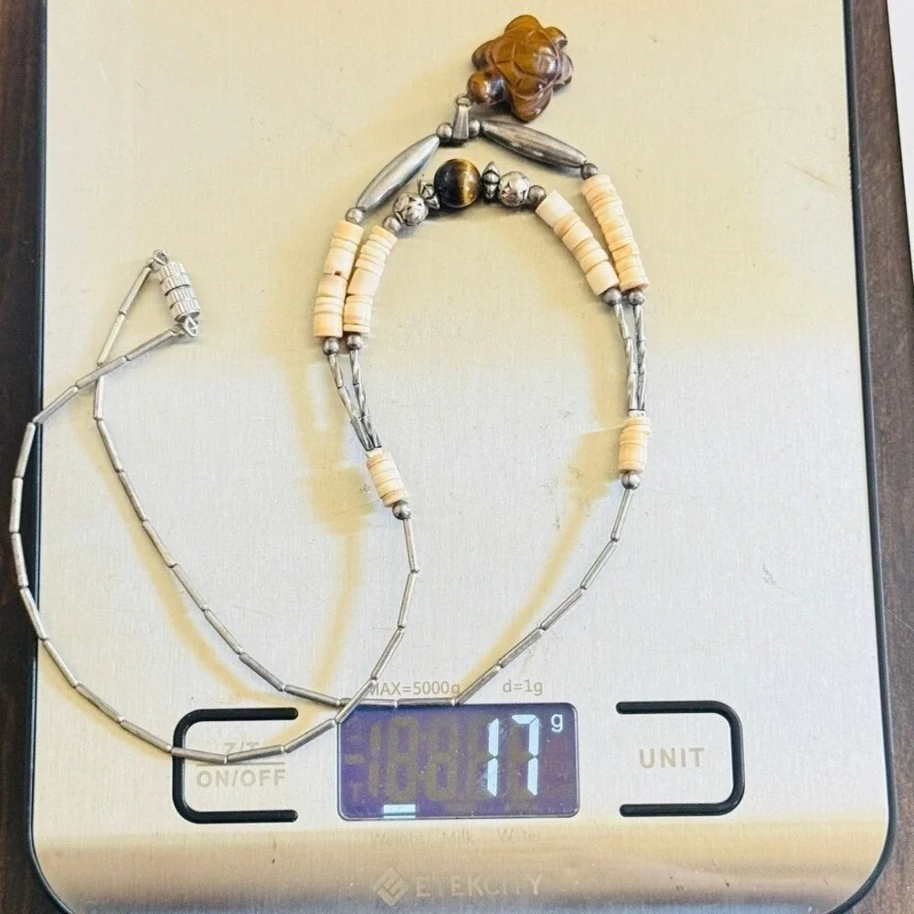 Vtg NAVAJO Turtle heishi Necklace‎ tiger's eye Zuni Native American silver 20